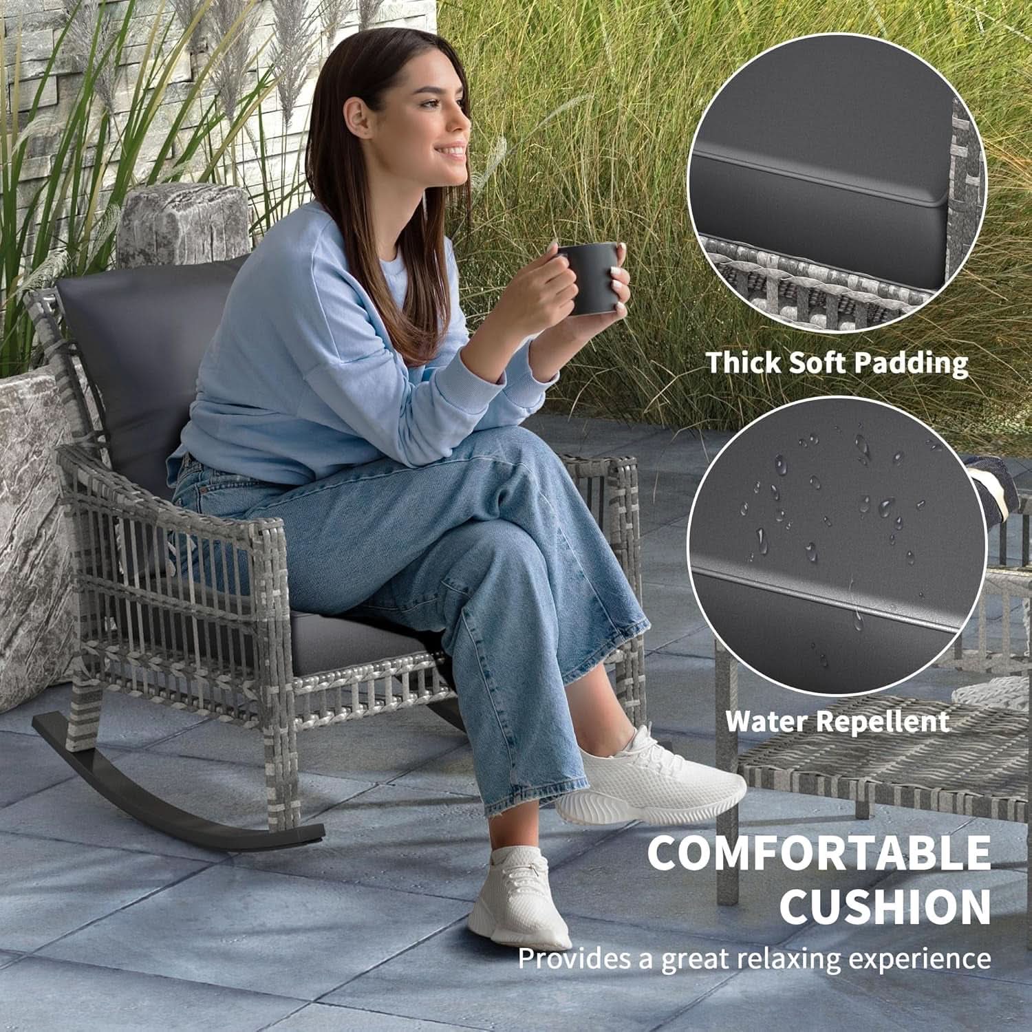 Wicker Outdoor Rocking Chair Set with Storage Table