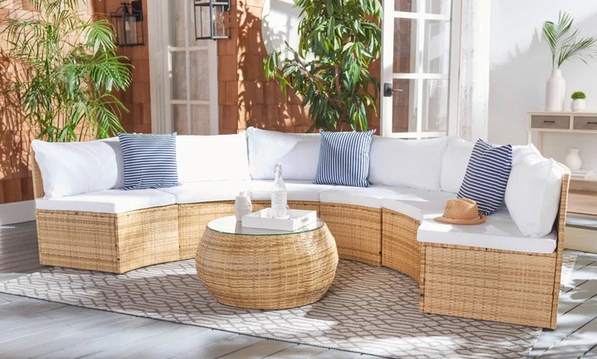 Wicker Six Person Patio Conversation Set With Cushions
