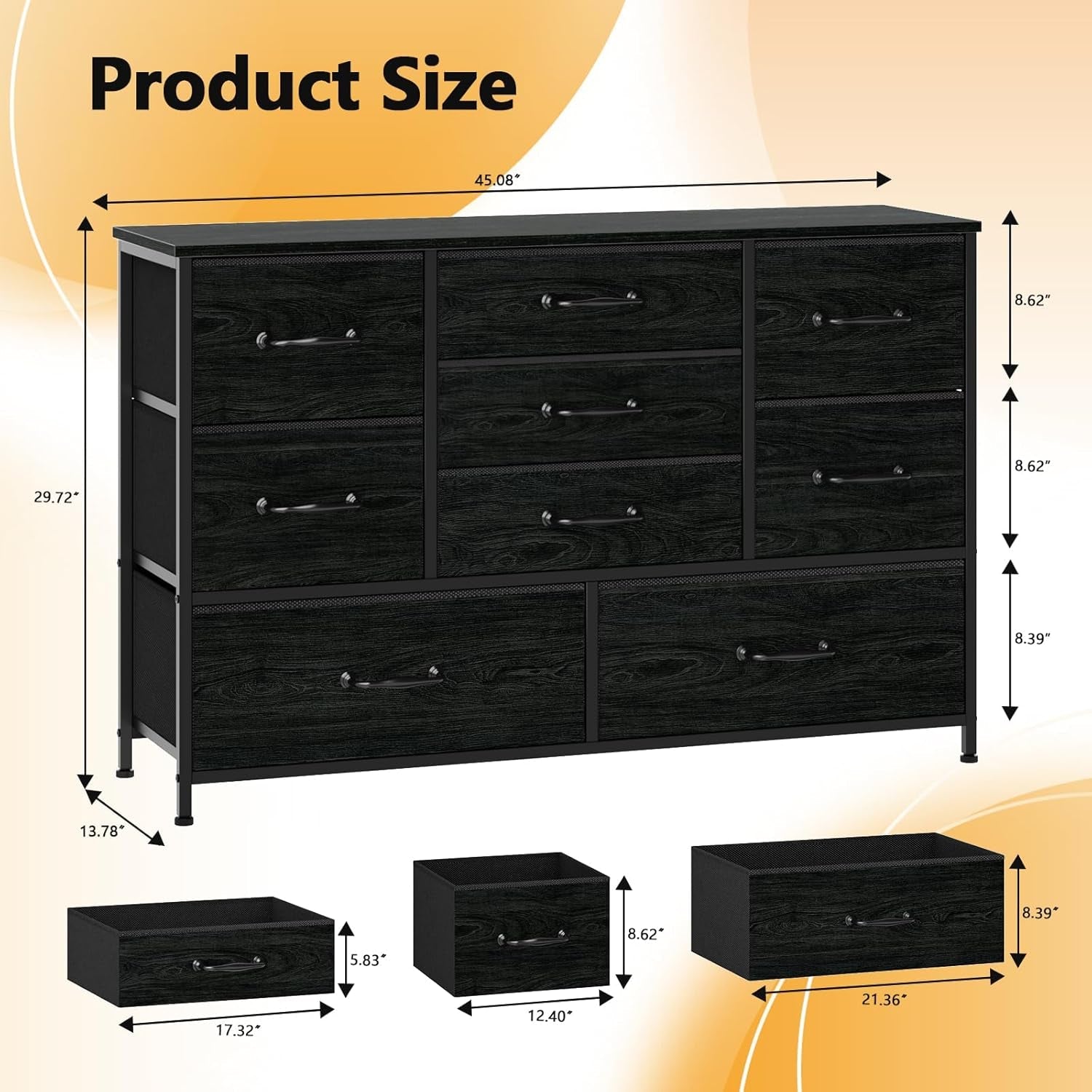 Wide Dresser With 9 Large Drawers For 55 Inch TV Stand Black Oak Metal Frame