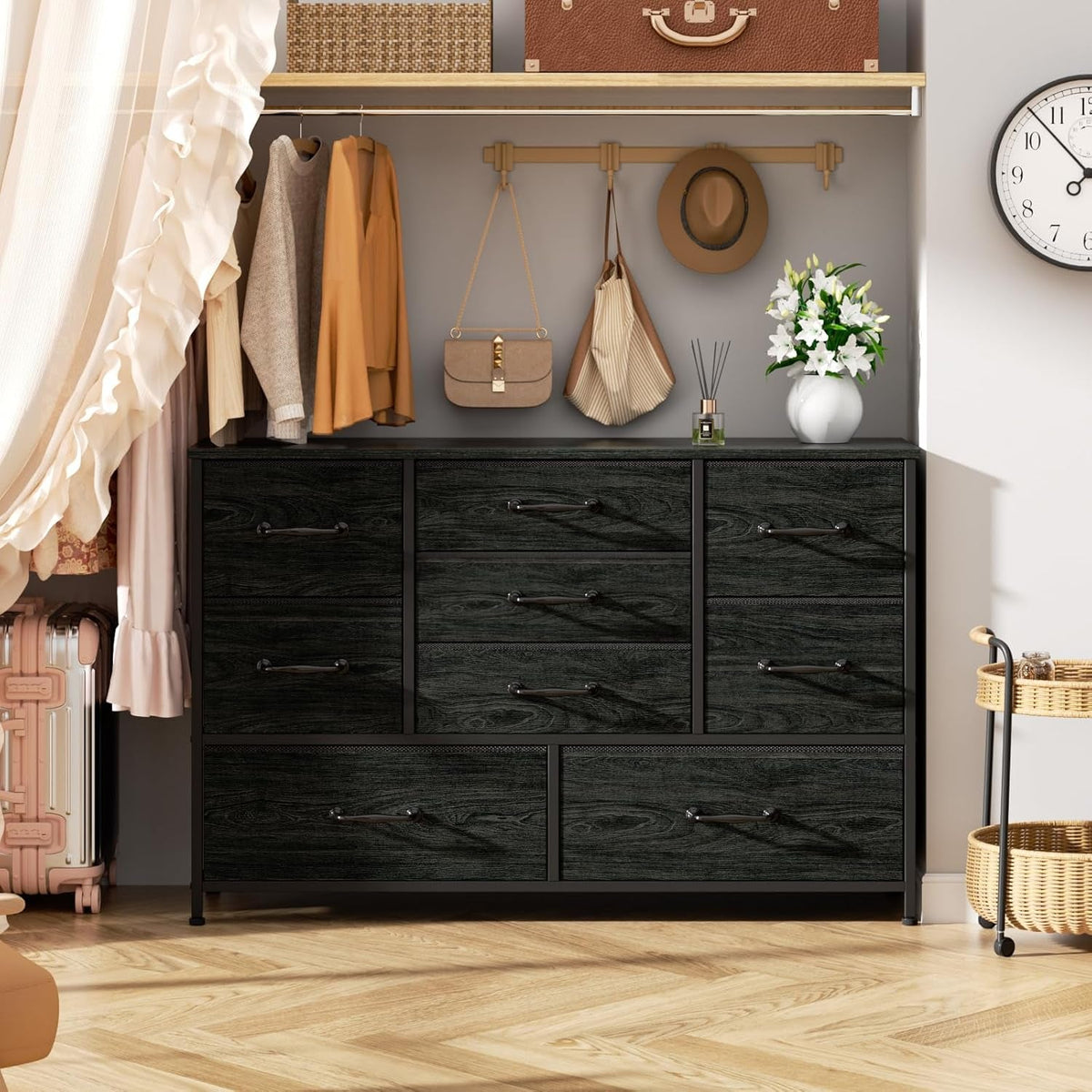 Wide Dresser With 9 Large Drawers For 55 Inch TV Stand Black Oak Metal Frame