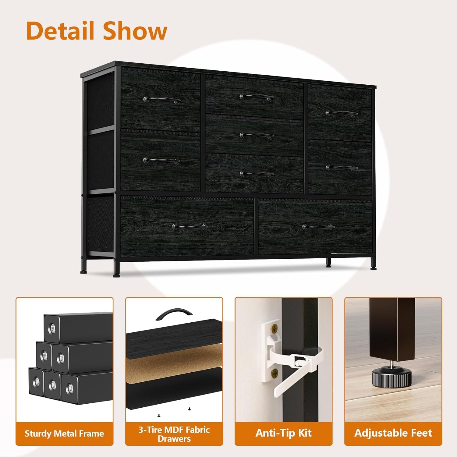Wide Dresser With 9 Large Drawers For 55 Inch TV Stand Black Oak Metal Frame
