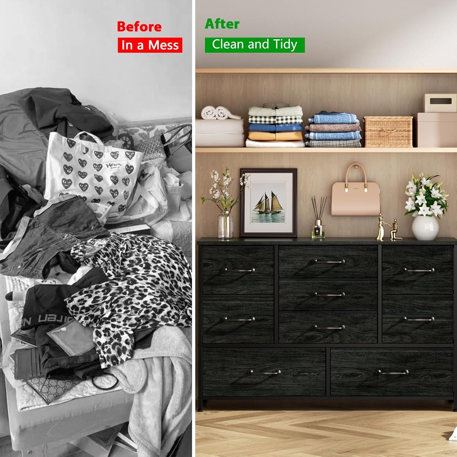 Wide Dresser With 9 Large Drawers For 55 Inch TV Stand Black Oak Metal Frame