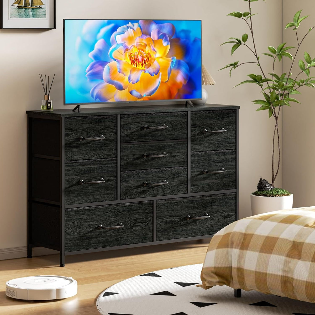 Wide Dresser With 9 Large Drawers For 55 Inch TV Stand Black Oak Metal Frame