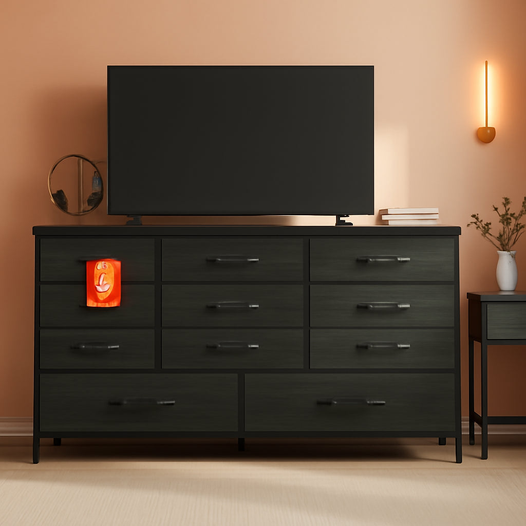 Wide Dresser With 9 Large Drawers For 55 Inch TV Stand Black Oak Metal Frame