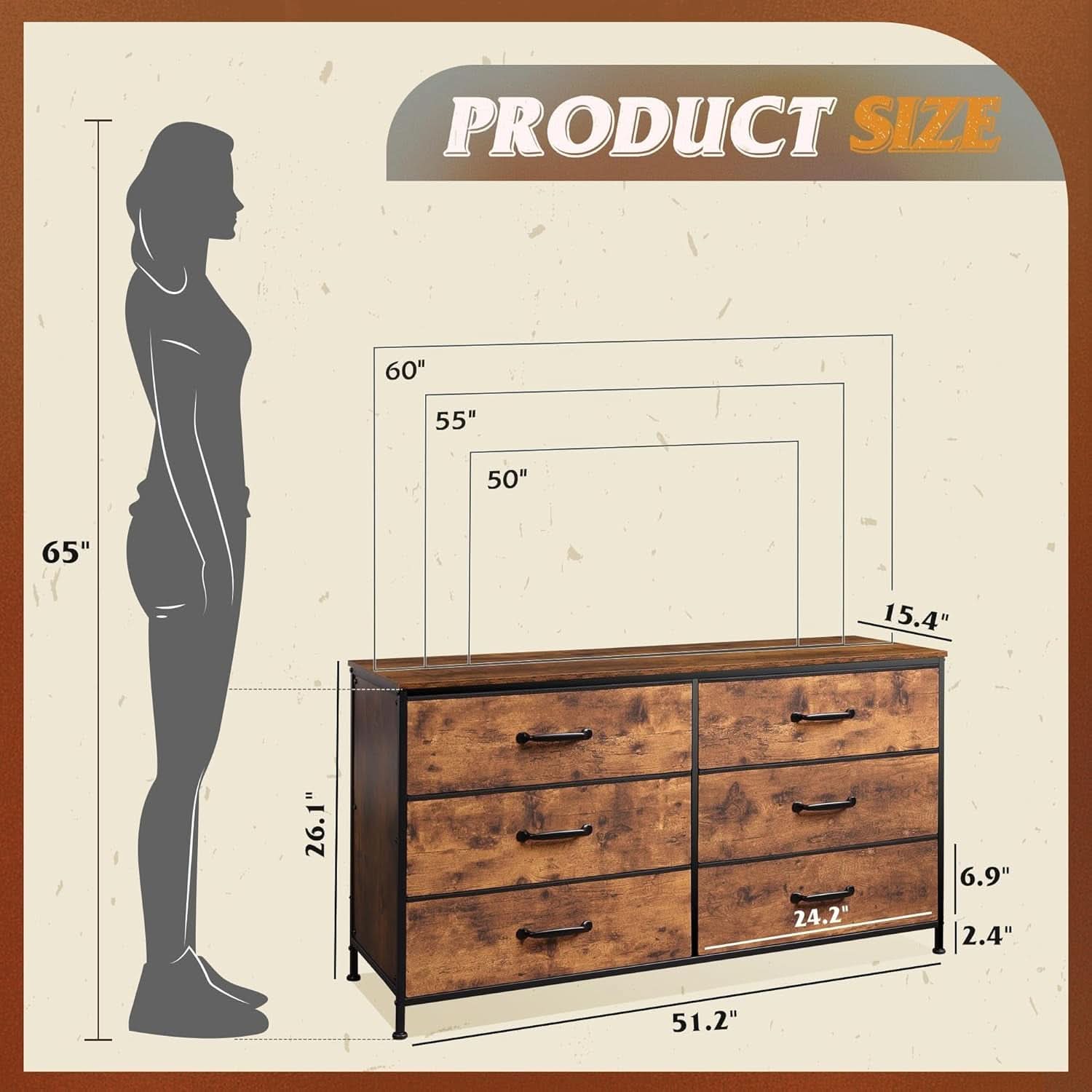 Wide Fabric Dresser TV Stand With 6 Drawers Rustic Brown