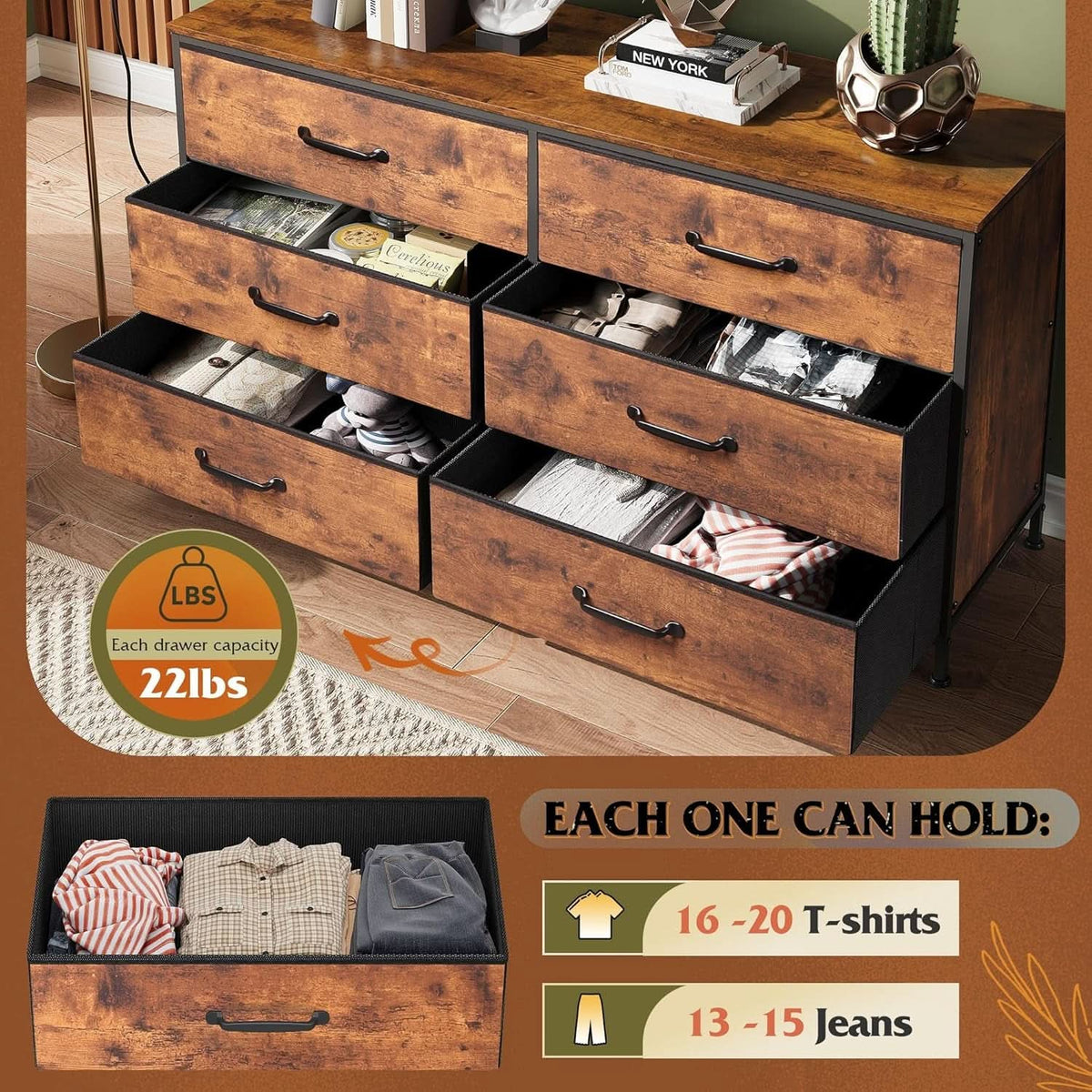 Wide Fabric Dresser TV Stand With 6 Drawers Rustic Brown
