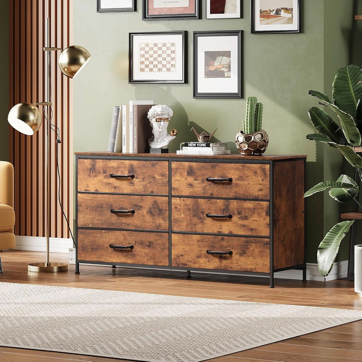 Wide Fabric Dresser TV Stand With 6 Drawers Rustic Brown