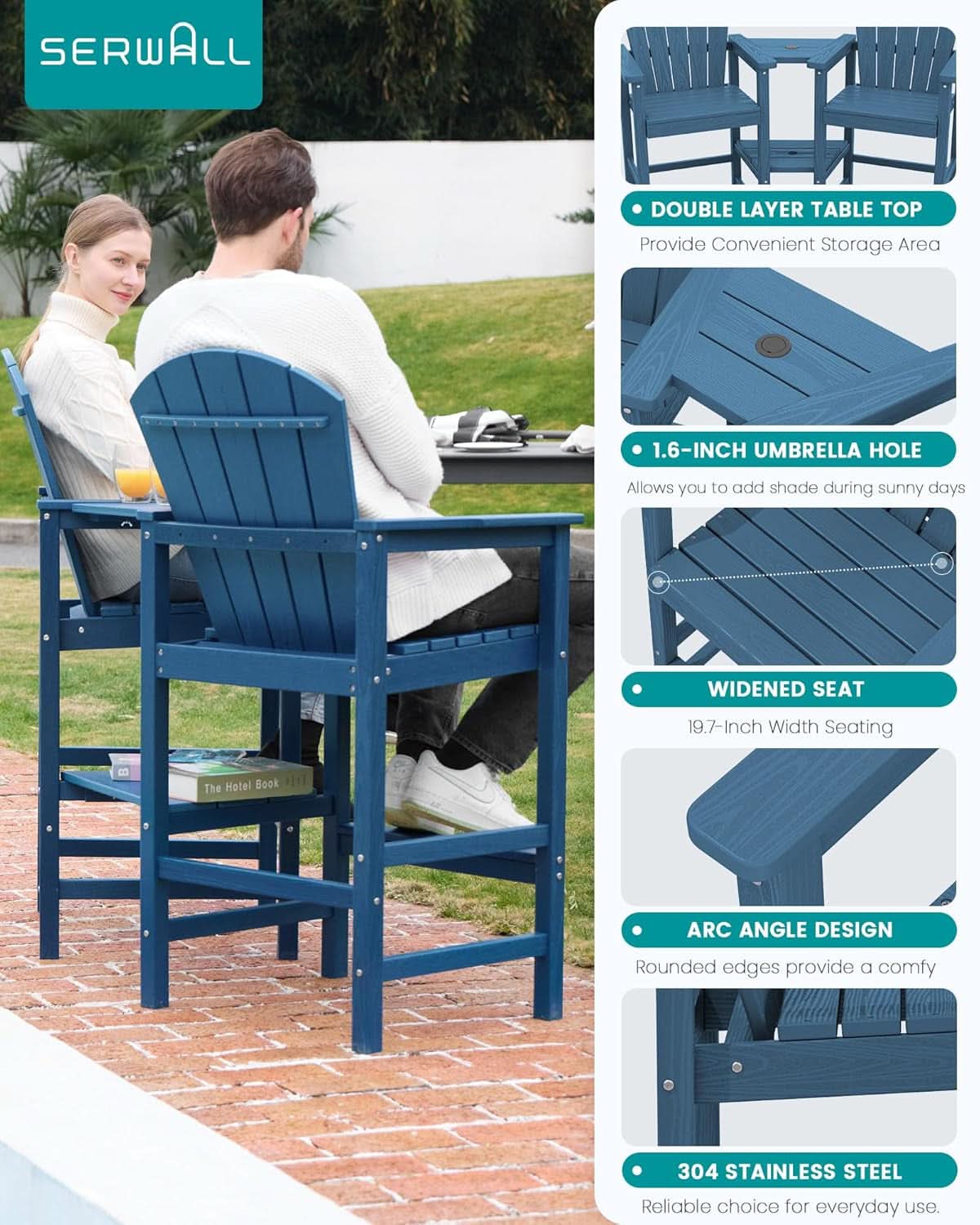 Widened Tall Adirondack Chairs Set with Double Tray