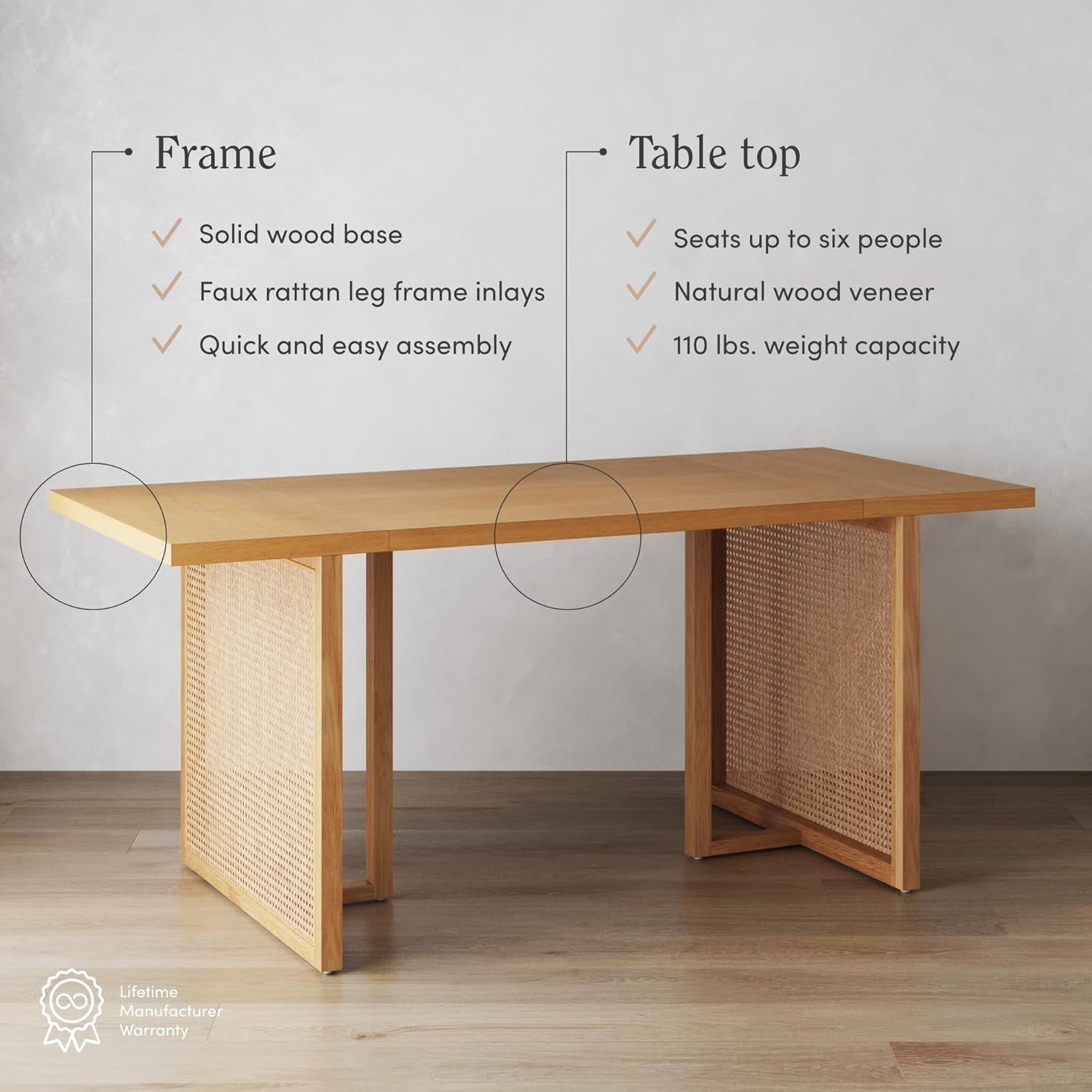 Willow Boho Dining Table for 6 with Solid Wood Legs