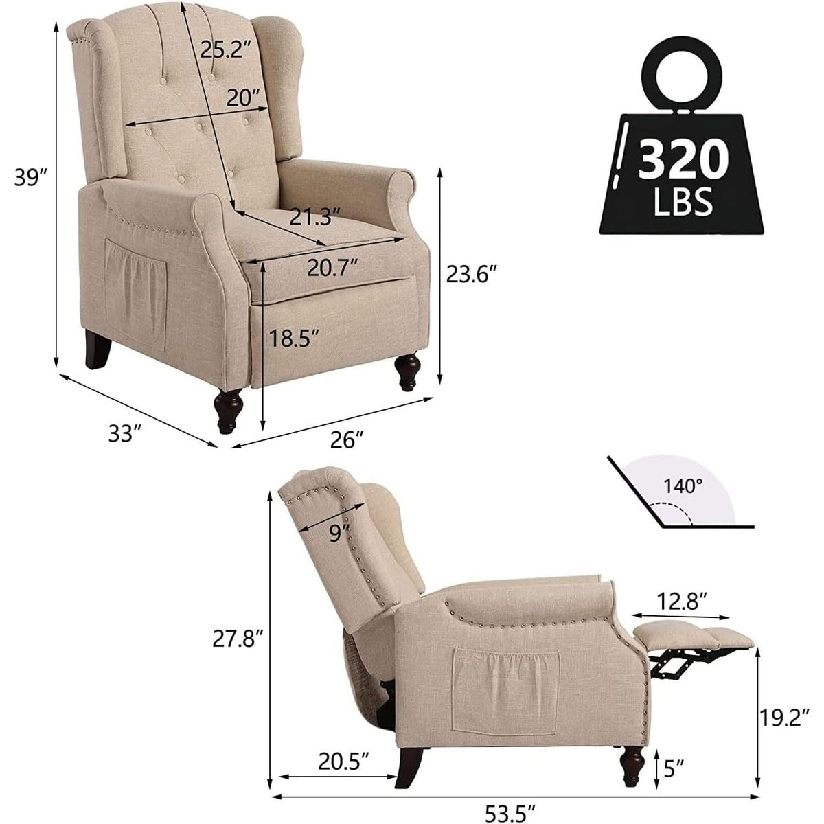 Wingback Recliner Chair With Massage And Heat For Living Room
