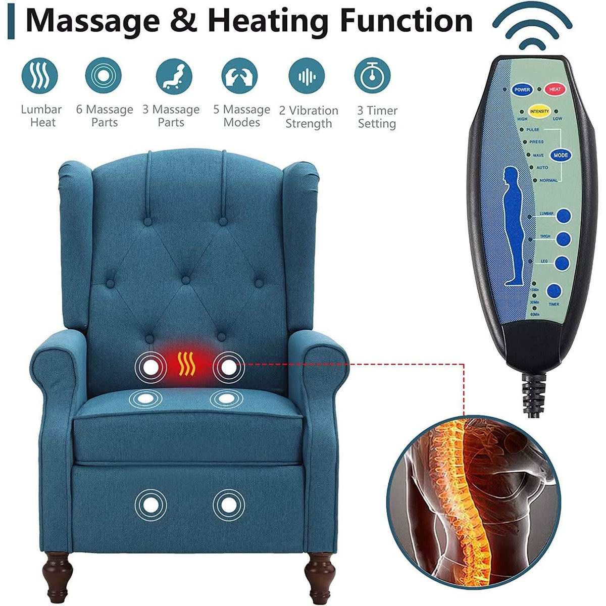 Wingback Recliner Chair With Massage And Heat Living Room
