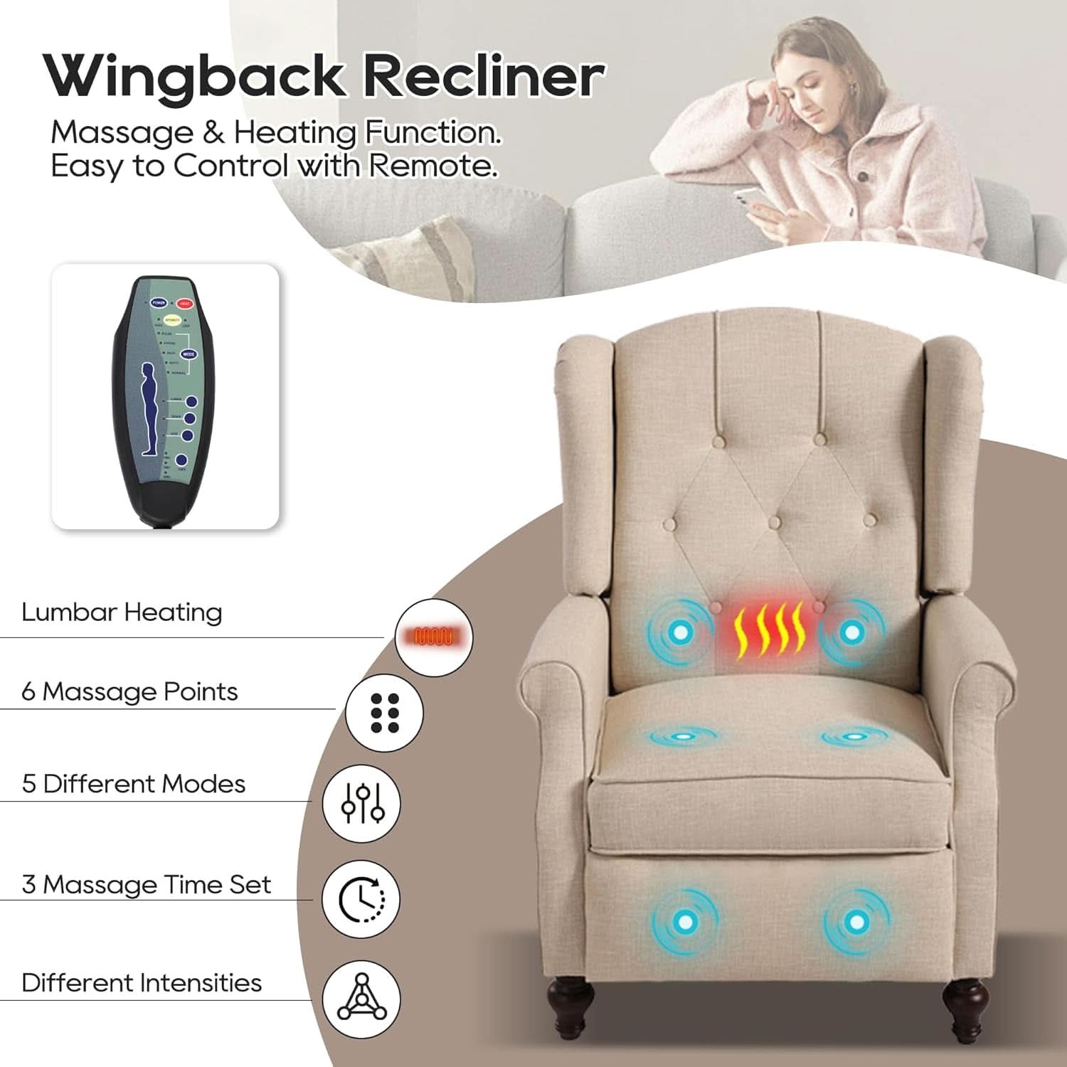 Wingback Recliner Chair With Massage And Heat Tufted Fabric