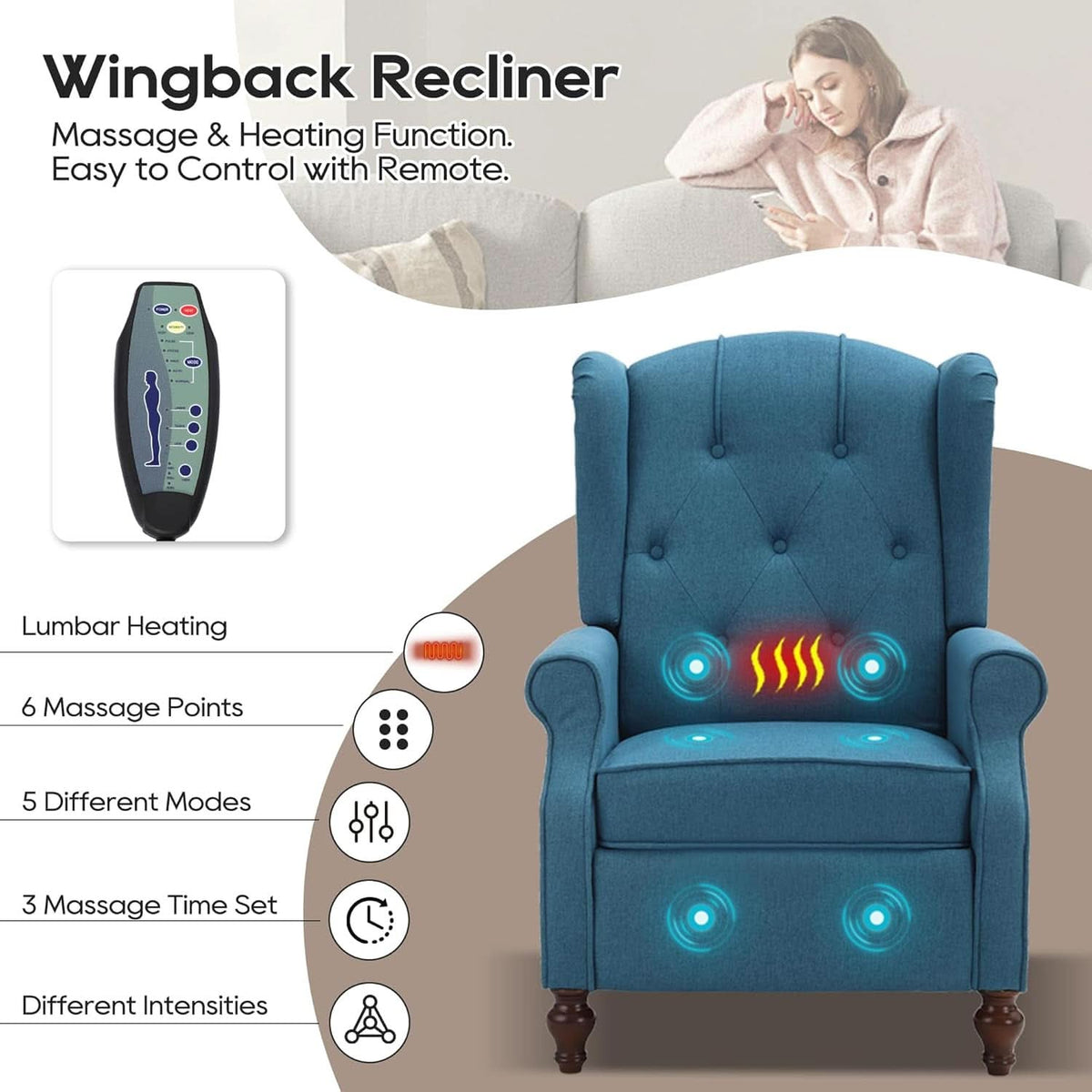 Wingback Recliner Chair With Massage And Heat Tufted Fabric