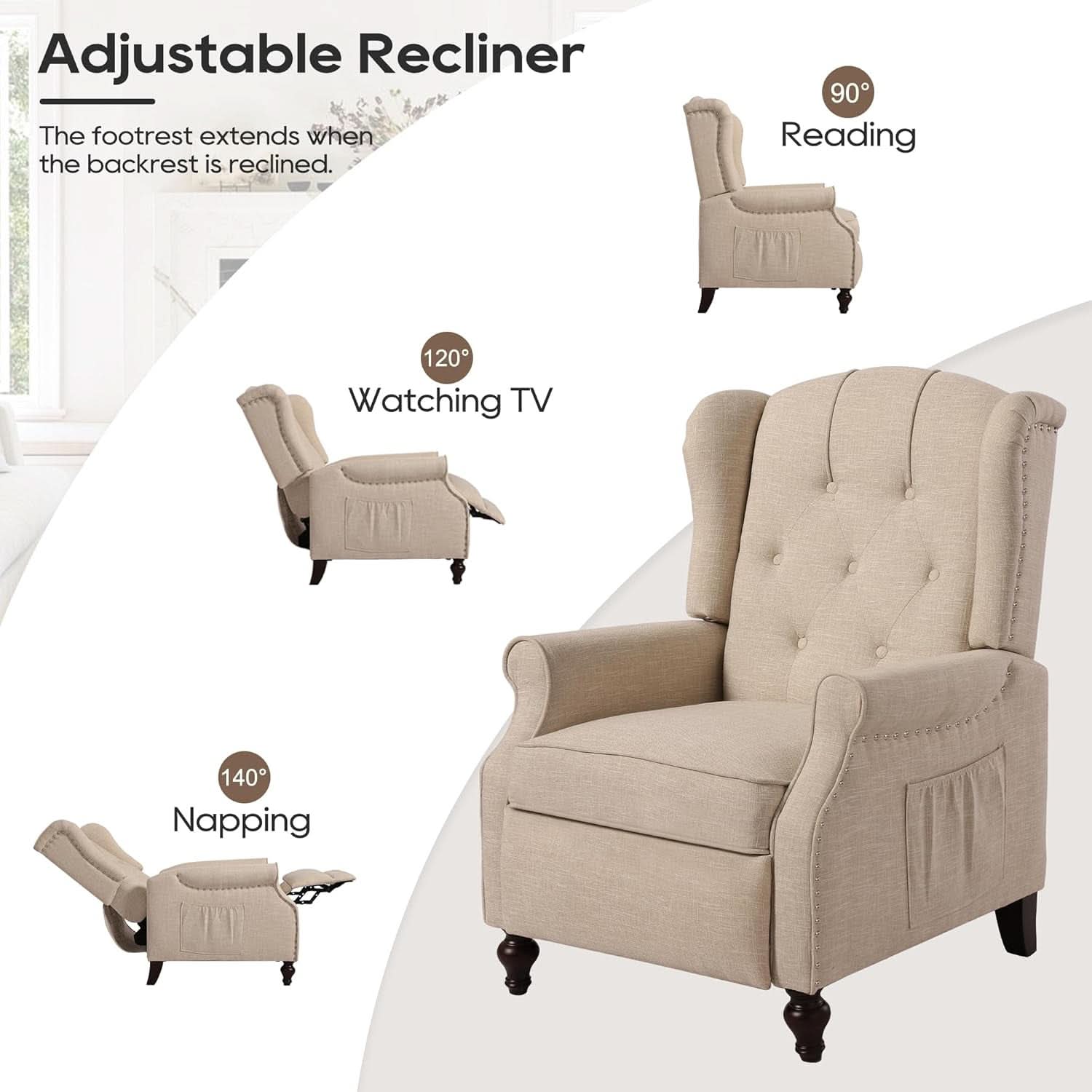 Wingback Recliner Chair With Massage And Heat Tufted Fabric
