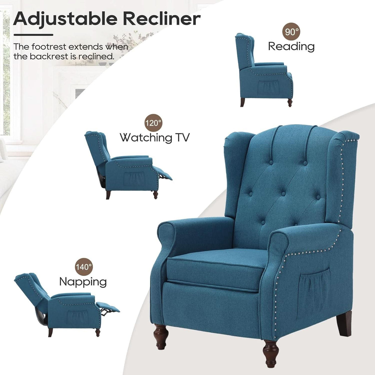Wingback Recliner Chair With Massage And Heat Tufted Fabric