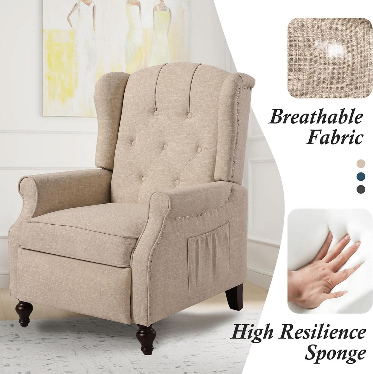 Wingback Recliner Chair With Massage And Heat Tufted Fabric