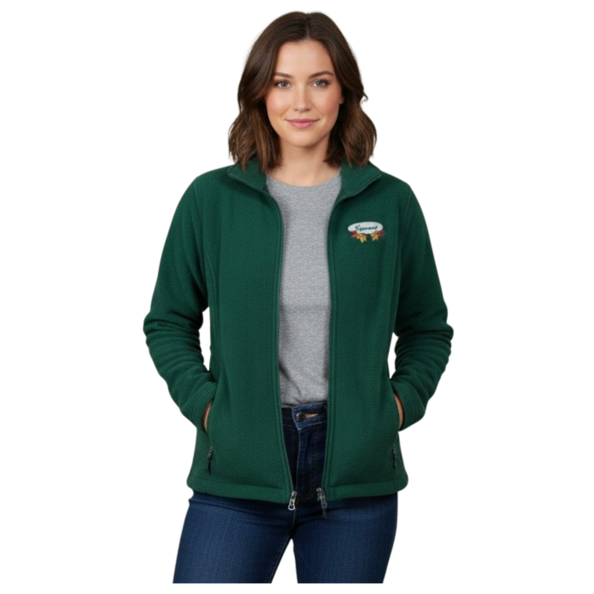 Women’s Full Zip Fleece Jacket – White Fall Leaves Oval Embroidery