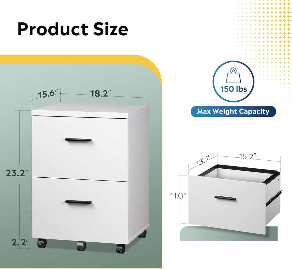 Wood 2 Drawer File Cabinet With Wheels For Home Office White