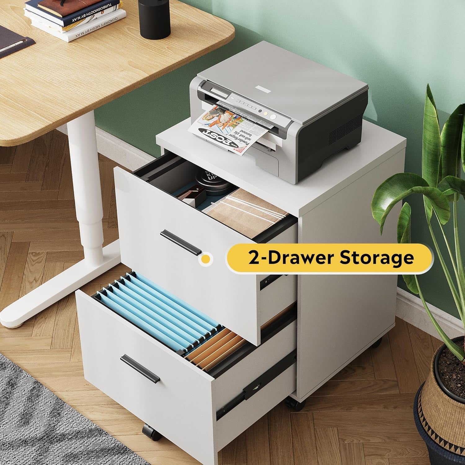 Wood 2 Drawer File Cabinet With Wheels For Home Office White