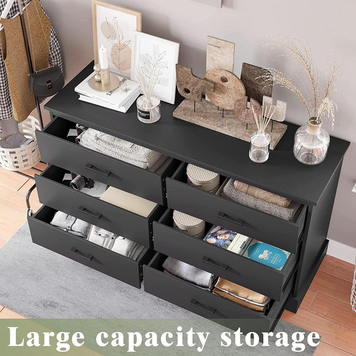 Wood Double Six Drawer Storage Tower Dresser 47 Inch Wide