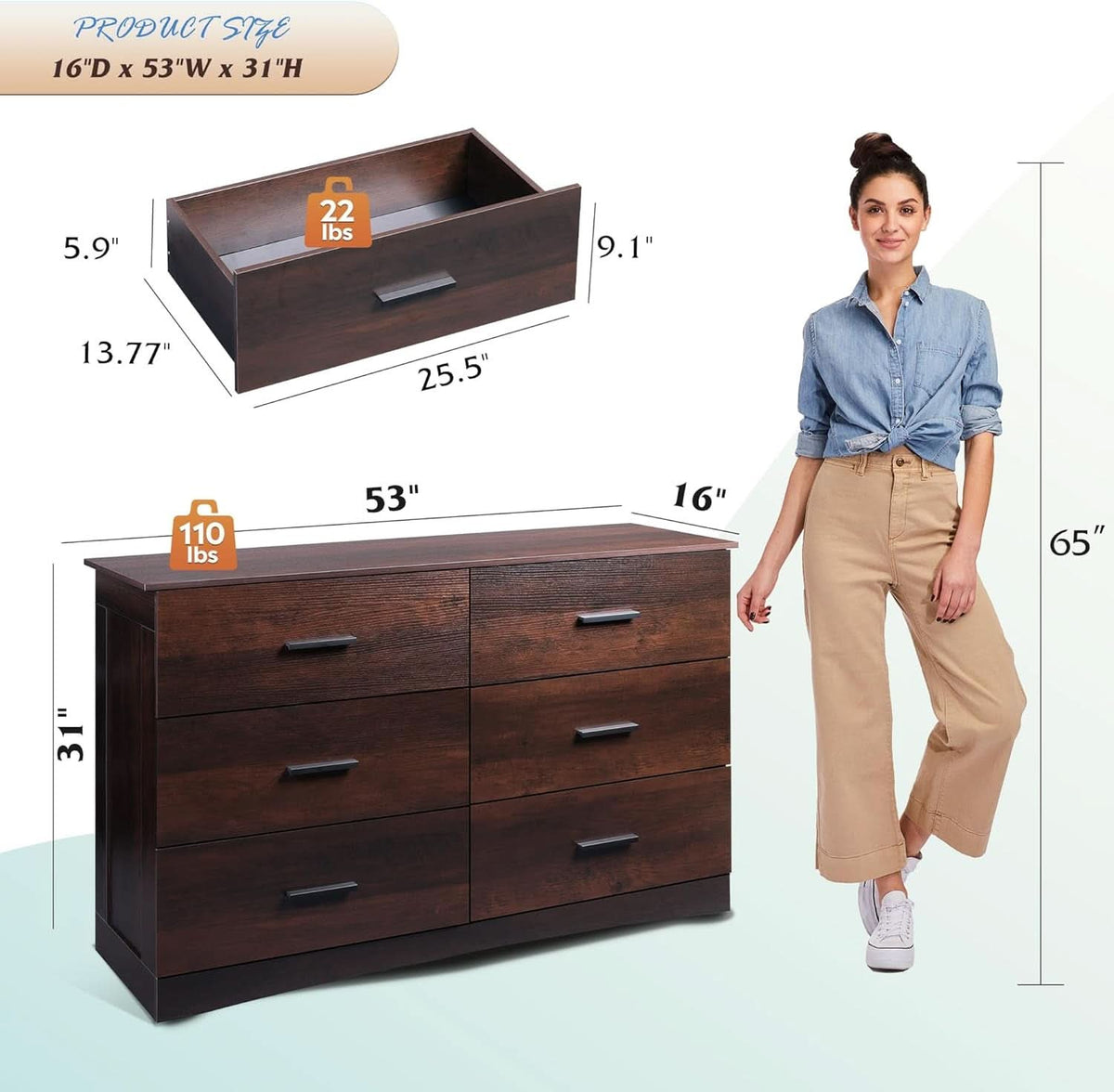 Wood Dresser For Bedroom, Brown 6-Drawer Chest Of Drawers