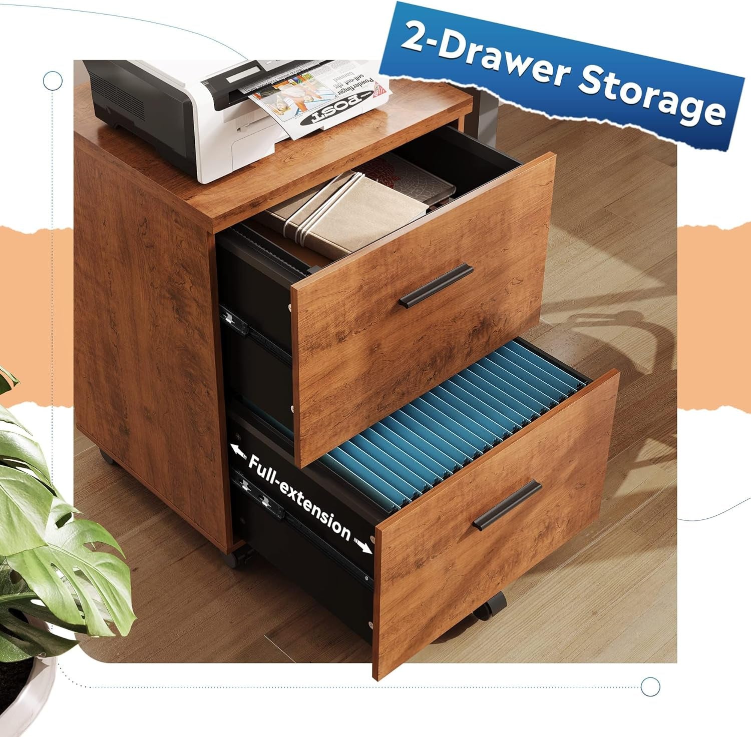 Wood File Cabinet 2 Drawer Walnut Home Office Storage