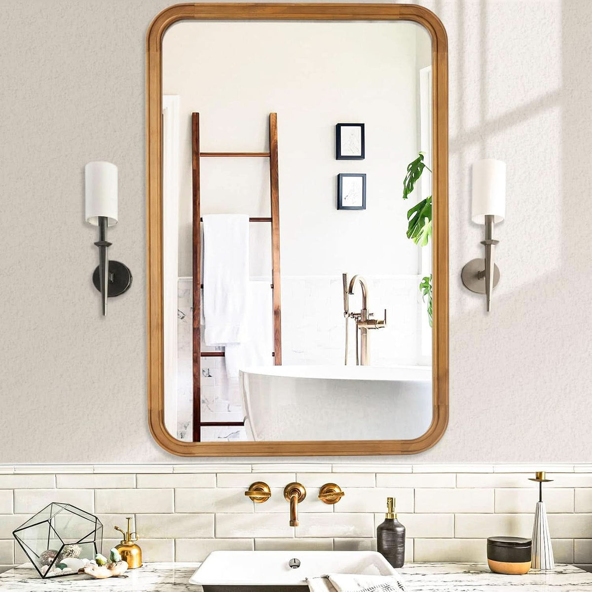 Wood Framed Bathroom Mirror 24x36 Inch Wall Mounted