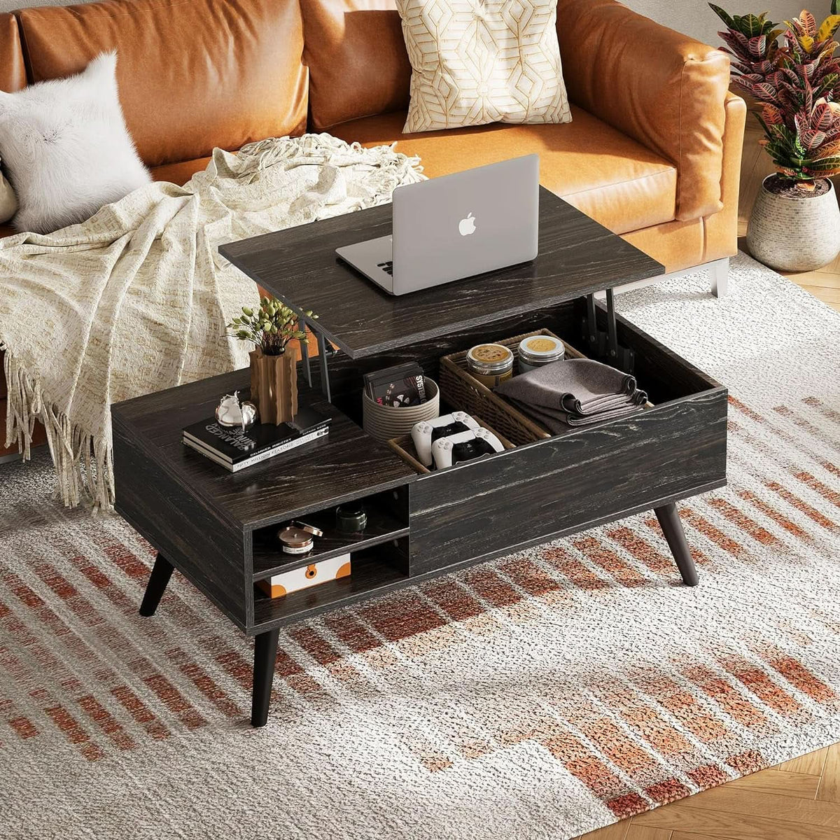 Wood Lift Top Coffee Table Hidden Compartment Charcoal