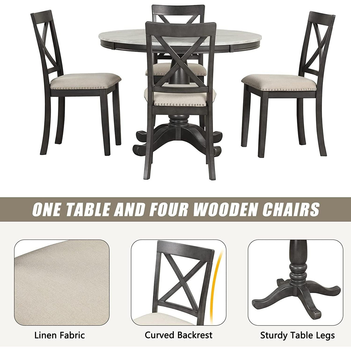 Wood Round Dining Table Set With Cushioned Chairs Pedestal