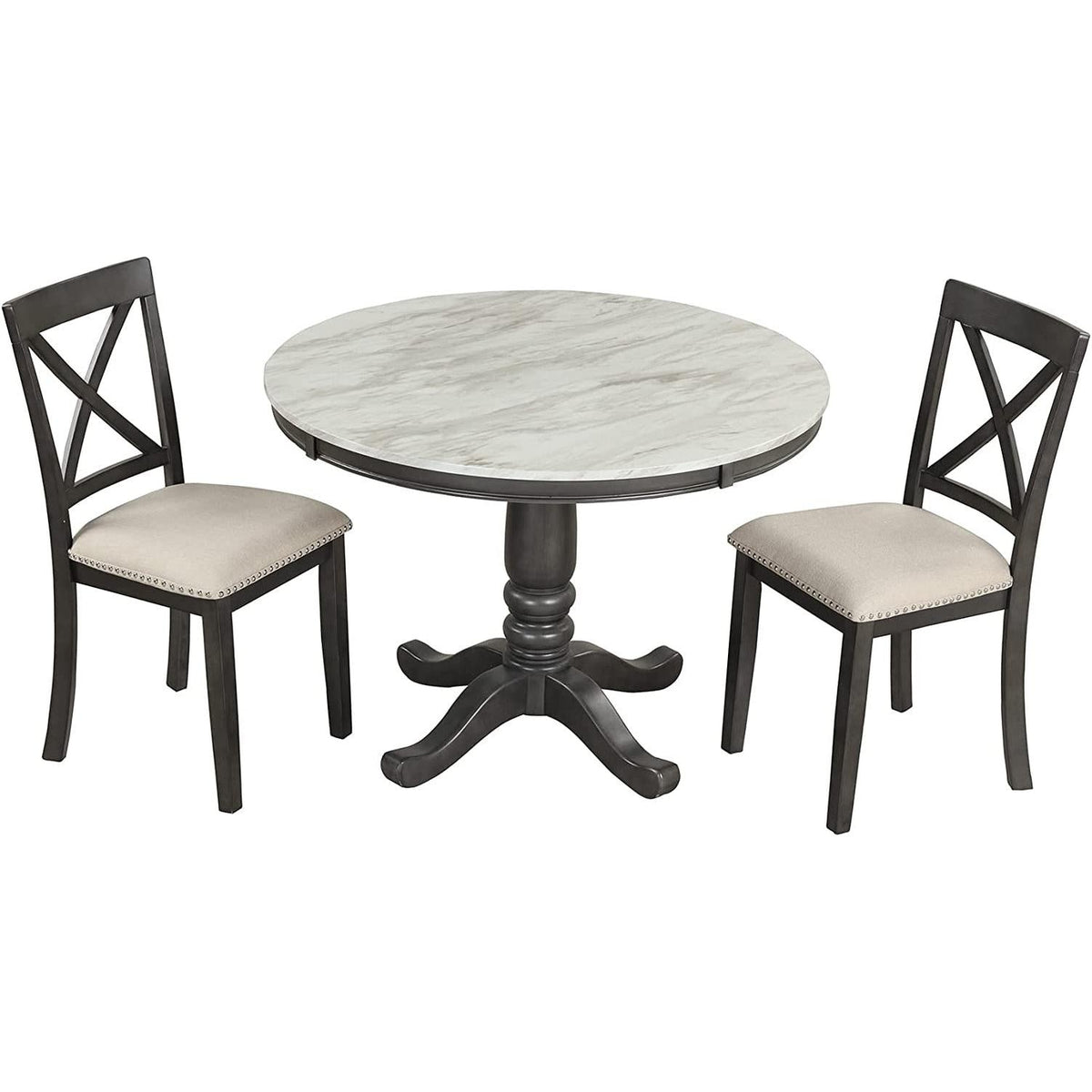 Wood Round Dining Table Set With Cushioned Chairs Pedestal