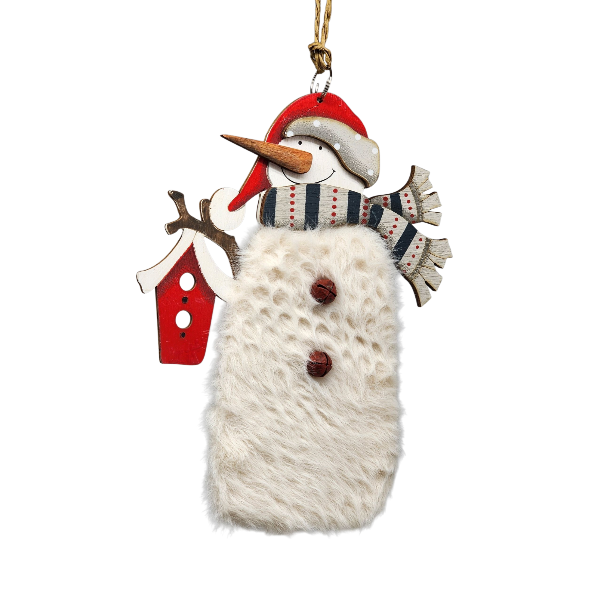 Wood and Fur Snowman Ornament - Holding Birdhouse