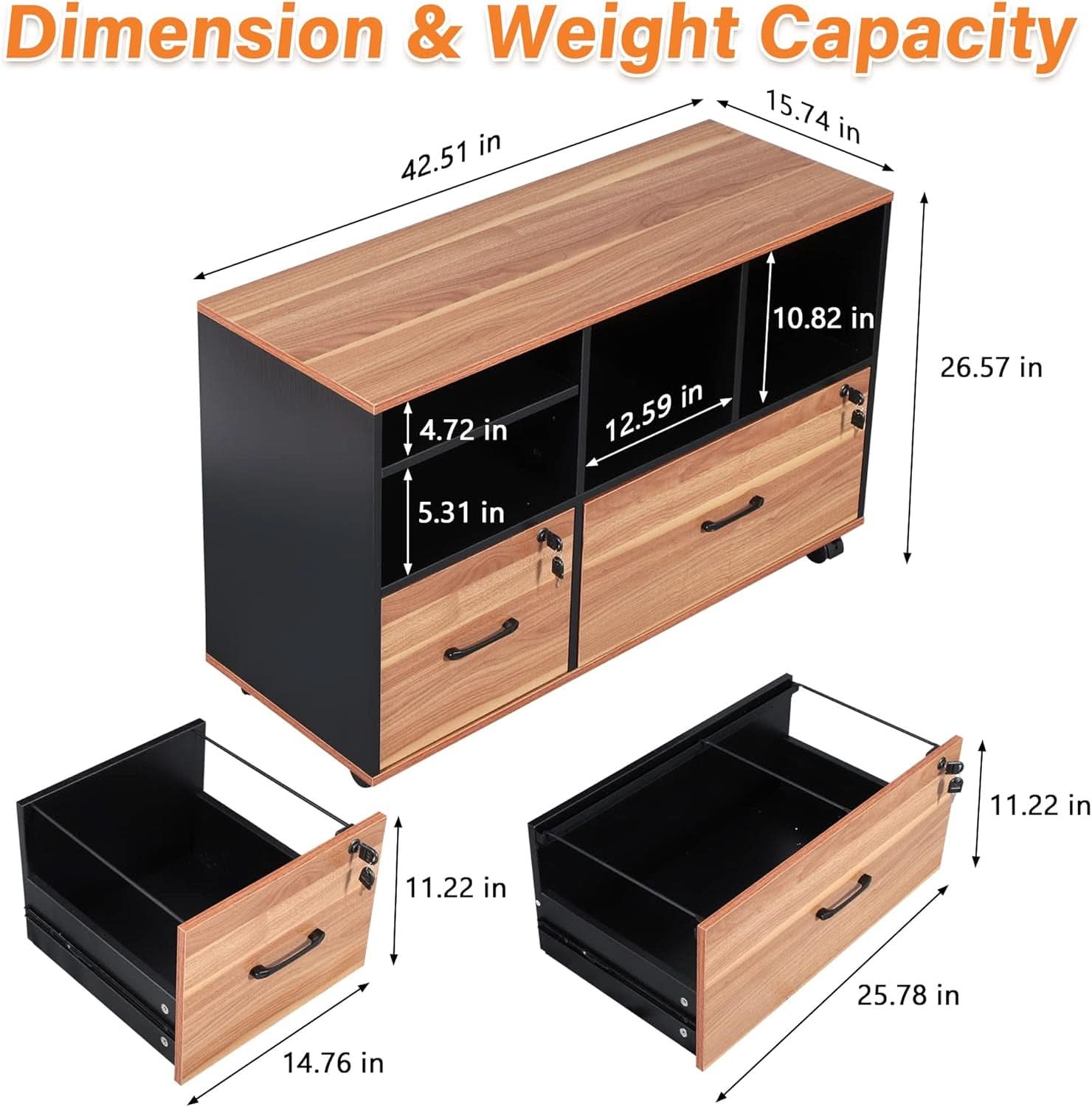 Wooden 2 Drawer File Cabinet Lockable Rolling with Adjustable Shelves Rustic Brown and Black