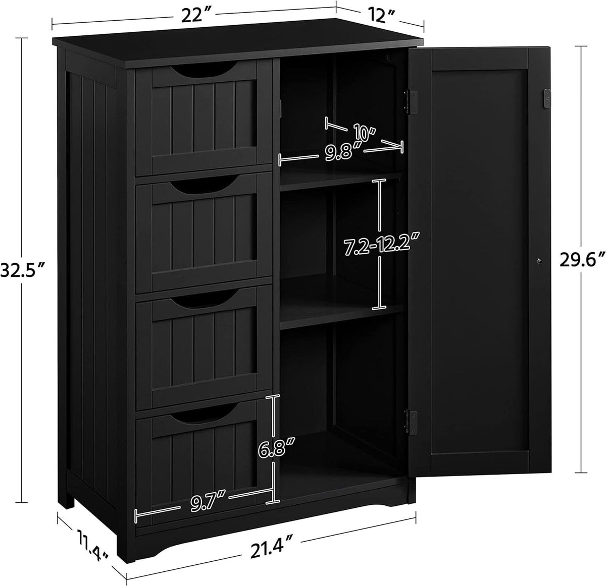 Wooden Bathroom Floor Storage Cabinet With 4 Drawers And Cupboard Freestanding