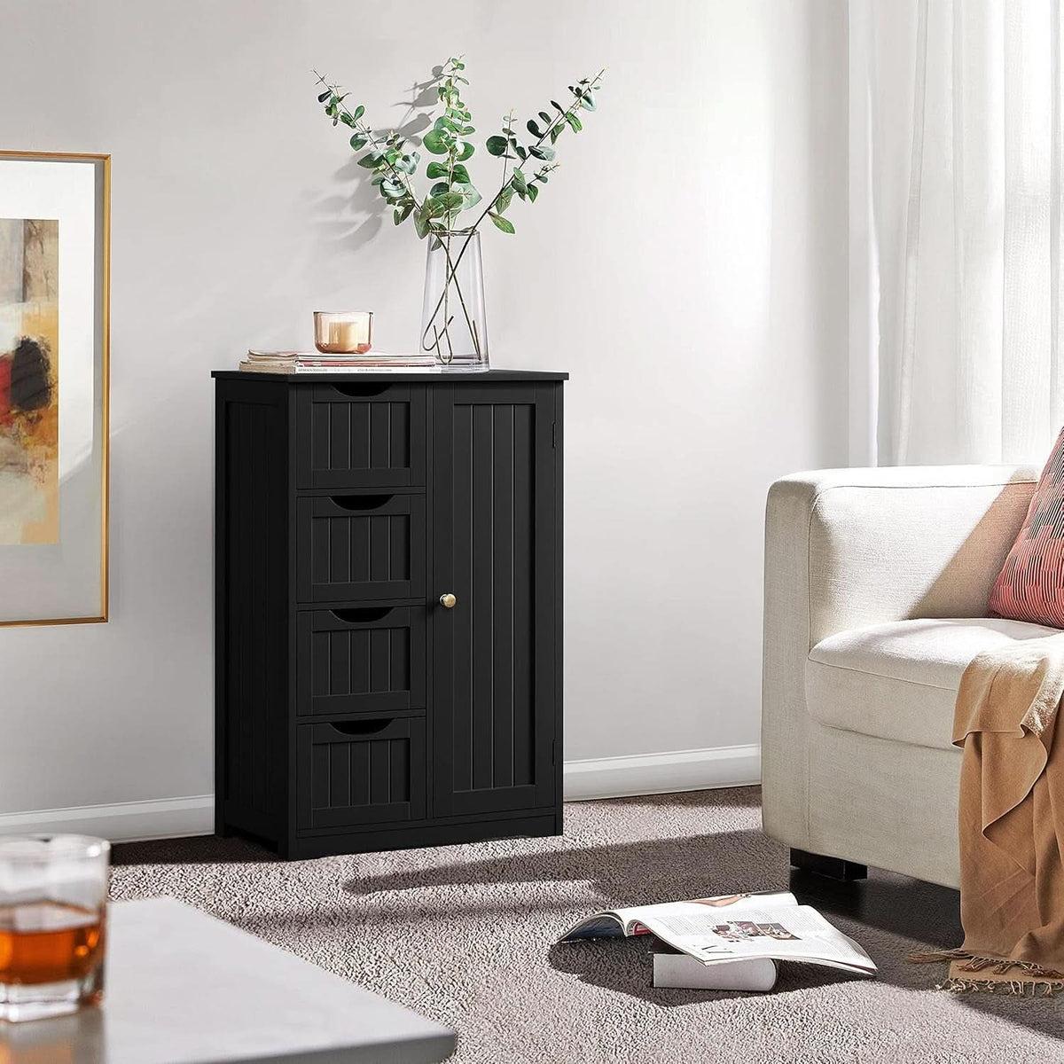 Wooden Bathroom Floor Storage Cabinet With 4 Drawers And Cupboard Freestanding