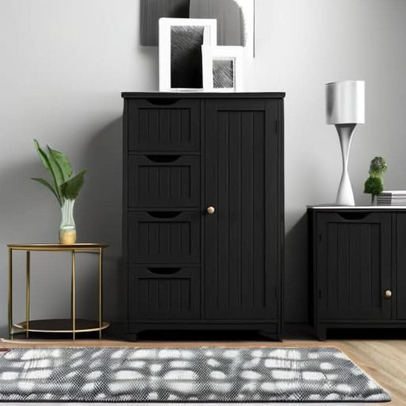 Wooden Bathroom Floor Storage Cabinet With 4 Drawers And Cupboard Freestanding