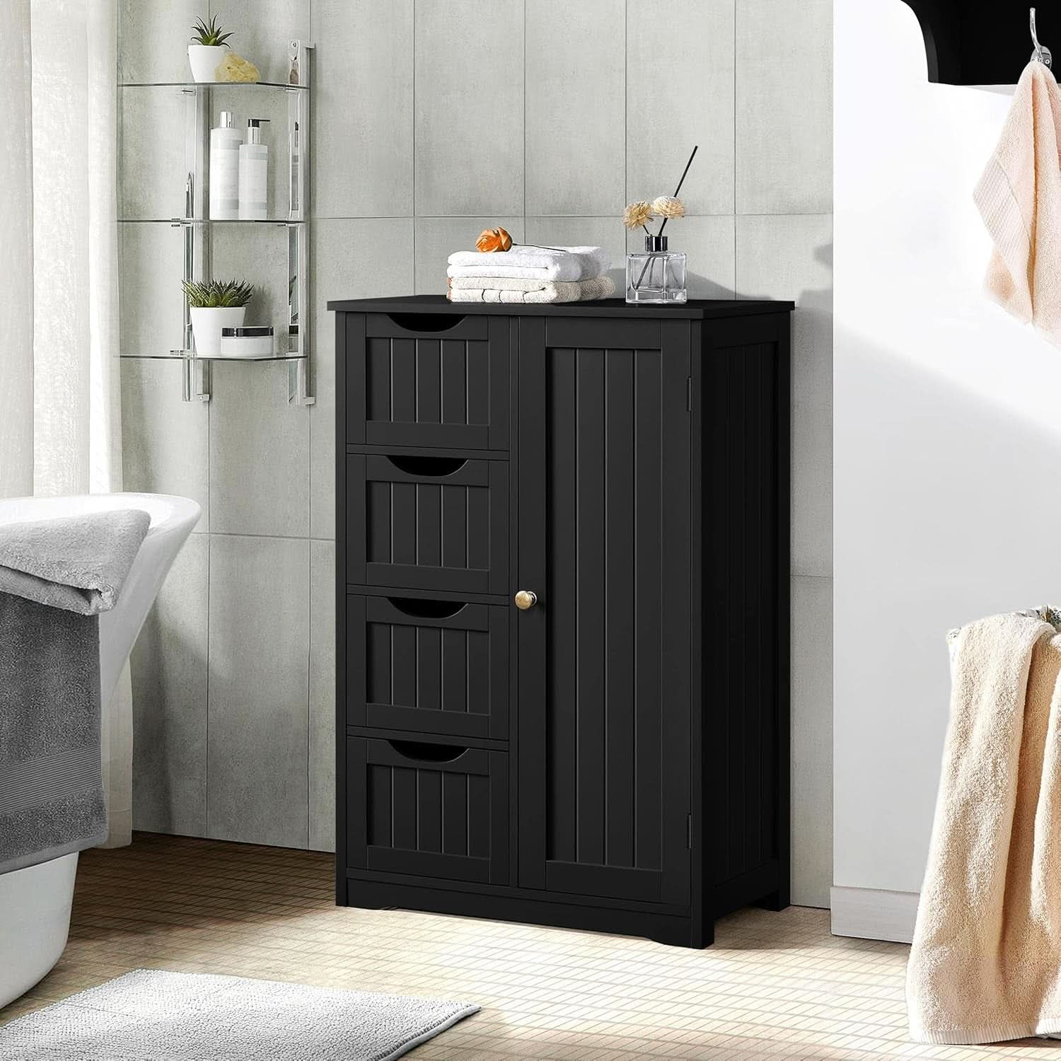 Wooden Bathroom Floor Storage Cabinet With 4 Drawers And Cupboard Freestanding