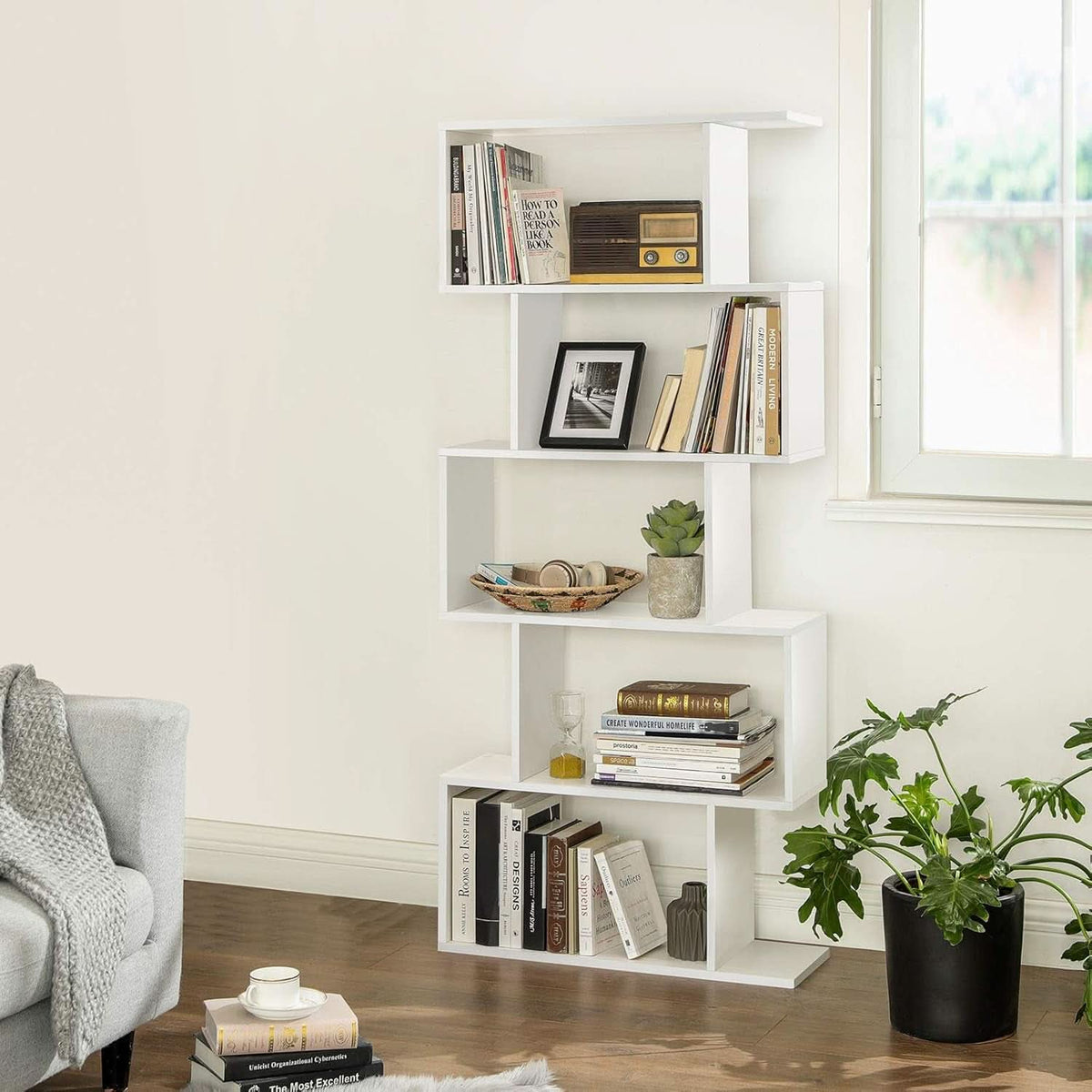 Wooden Bookcase Display Shelf Room Divider 5 Tier White