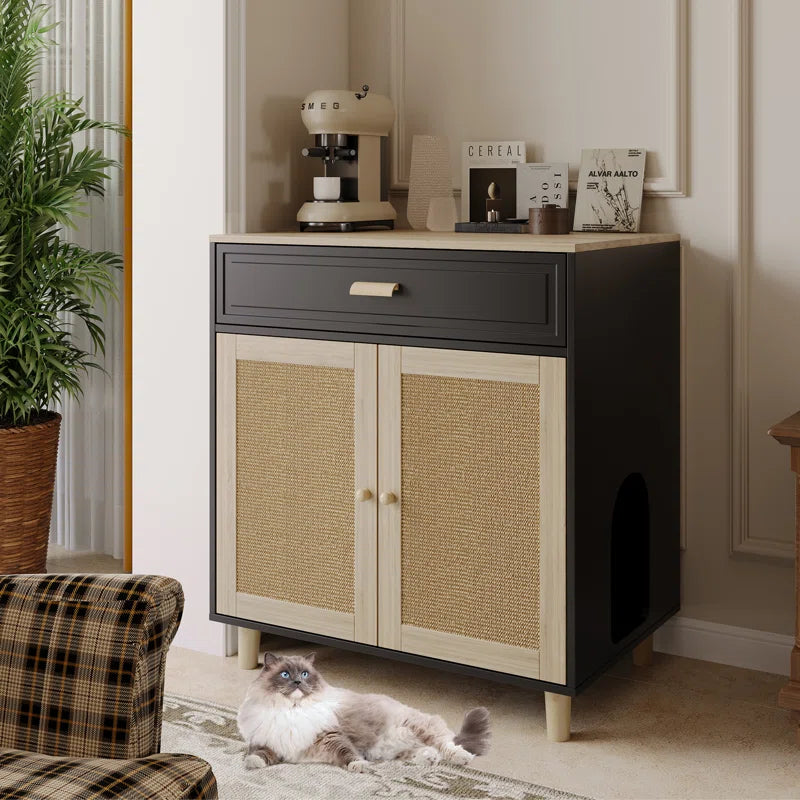 Wooden Cat Litter Box Enclosure Oak Finish Scratching Pad