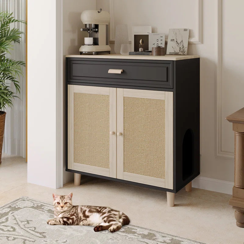 Wooden Cat Litter Box Enclosure Oak Finish Scratching Pad