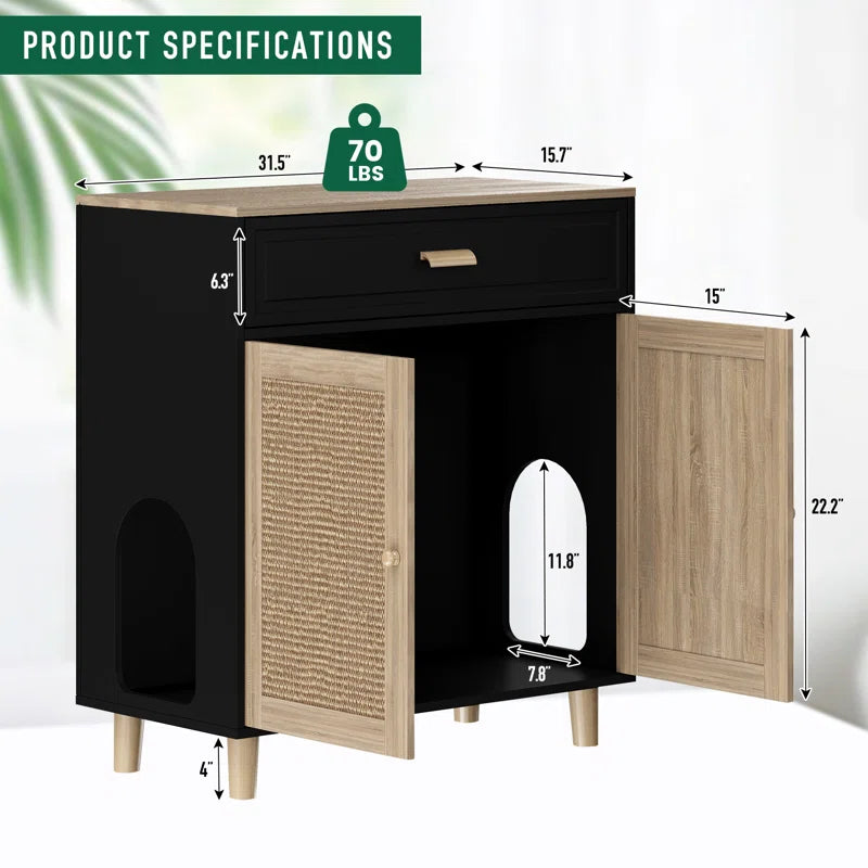 Wooden Cat Litter Box Enclosure Oak Finish Scratching Pad