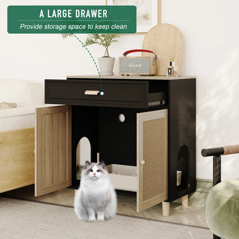 Wooden Cat Litter Box Enclosure Oak Finish Scratching Pad