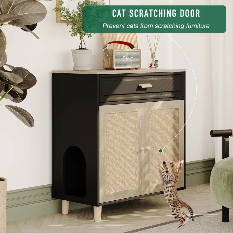 Wooden Cat Litter Box Enclosure Oak Finish Scratching Pad