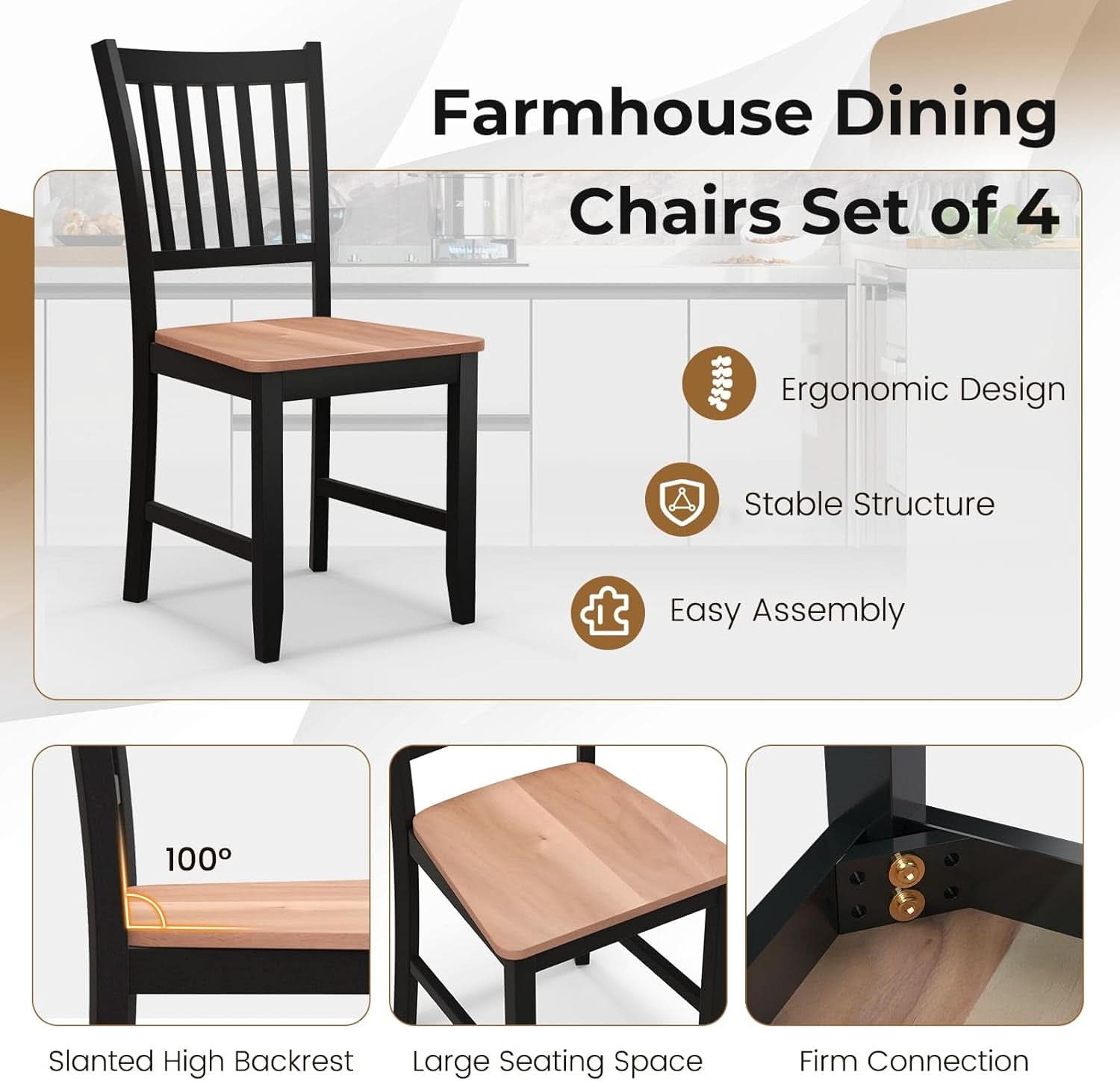 Wooden Dining Chairs Set of Four Black Farmhouse Armless