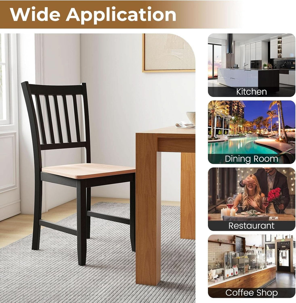 Wooden Dining Chairs Set of Four Black Farmhouse Armless