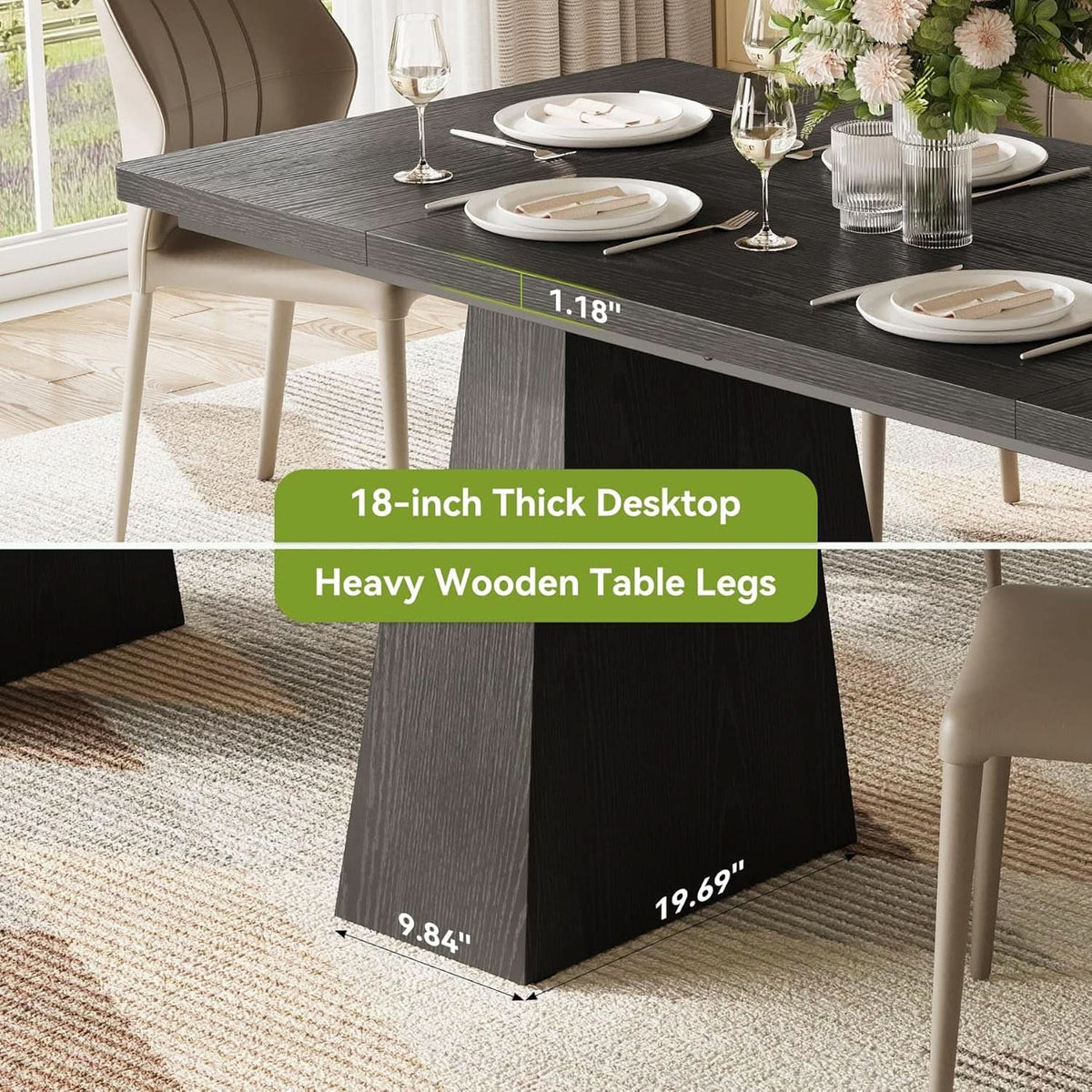 Wooden Dining Table for 6 with Heavy Duty Legs Black