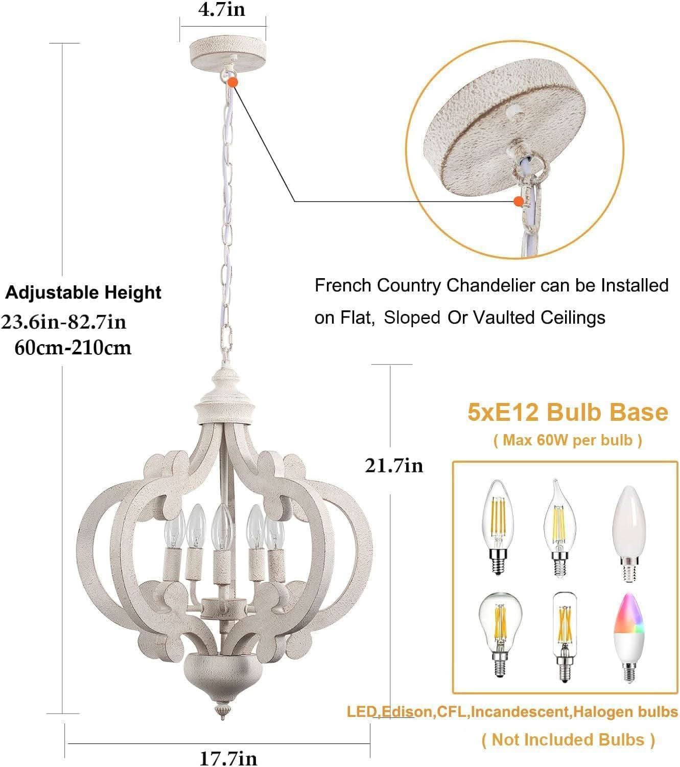 Wooden Farmhouse Chandelier Distressed White Five Lights