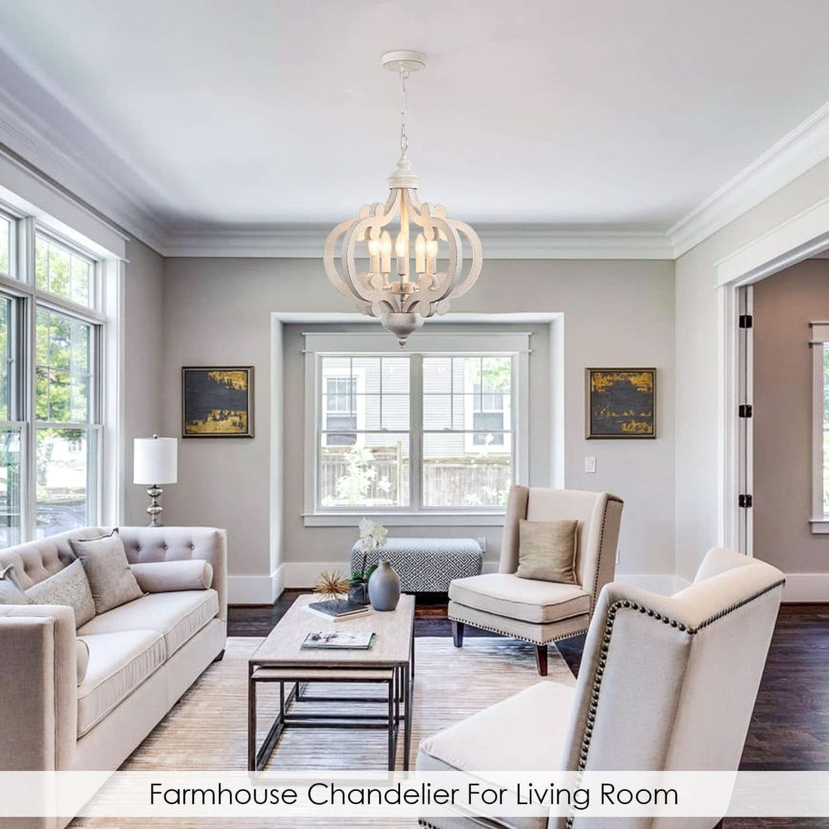 Wooden Farmhouse Chandelier Distressed White Five Lights