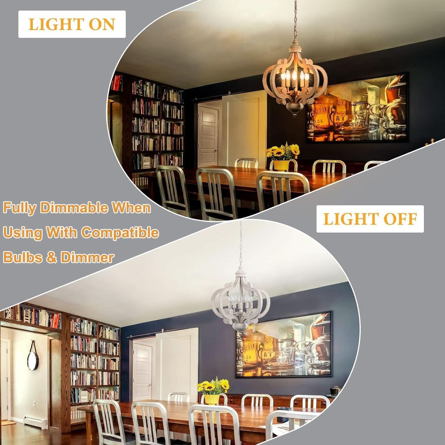 Wooden Farmhouse Chandelier Distressed White Five Lights