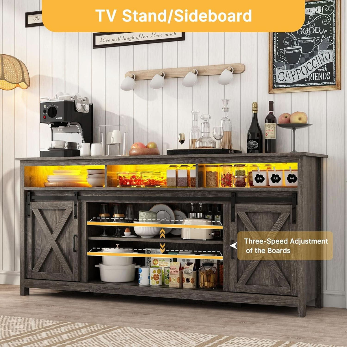 Wooden Farmhouse TV Stand 70 Inch With Double Storage