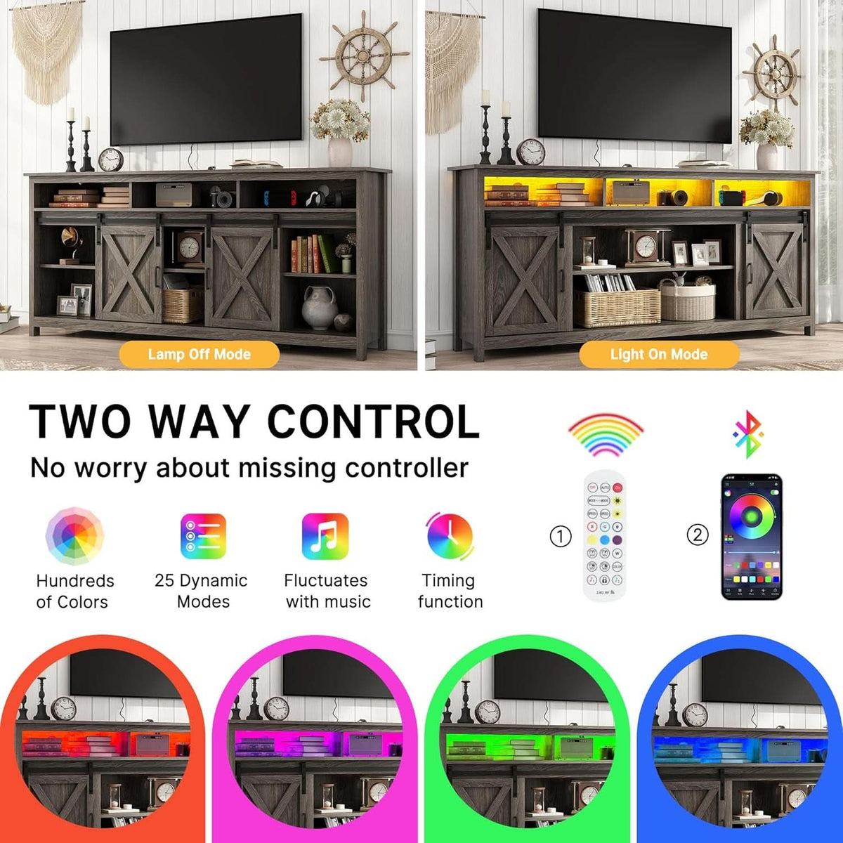 Wooden Farmhouse TV Stand 70 Inch With Double Storage
